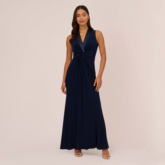 NWT ADRIANNA PAPELL | Matte Jersey Twist Front Tuxedo Long Gown In Midnight 6 - Picture 1 of 14